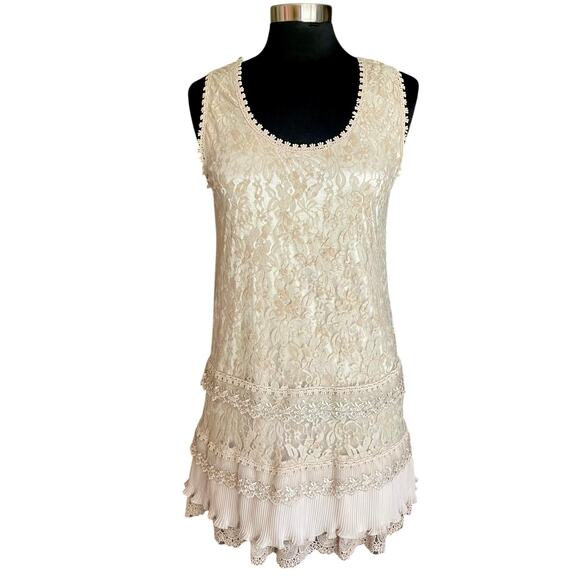 Vertigo Paris Taupe Beige Sheath Dress Tiered Lace Sleeveless MED Fairy Boho - Picture 1 of 9